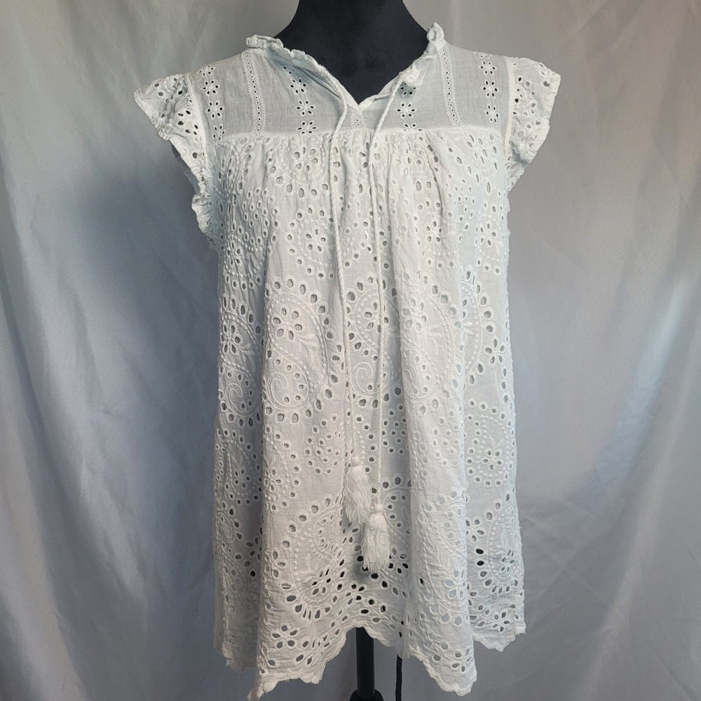Valentina Naldi White Prairie Paisley Eyelet Cap Sleeve Tunic Top Size Small